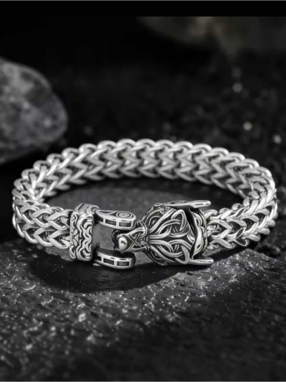 Sterling Silver Viking Wolf Bracelet - Braided Chain